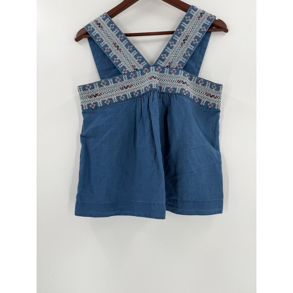 Madewell Embroidered Siesta Linen Blend Chambray Blue Smock Tank Top Size 4 EUC - Picture 7 of 13